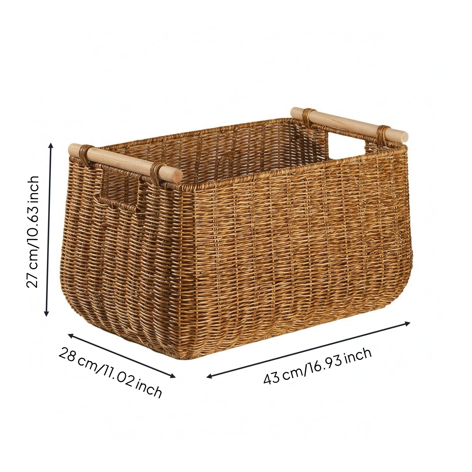 Contenedor Gran Almacenamiento Cesta Organizador Bandeja Tejido Compacto y Bordes Curvos Ligero y Fácil de con, Marrón Oscuro, Cesta De Almacenamiento De Ratán Con Asas De Madera, 43x28x27cm