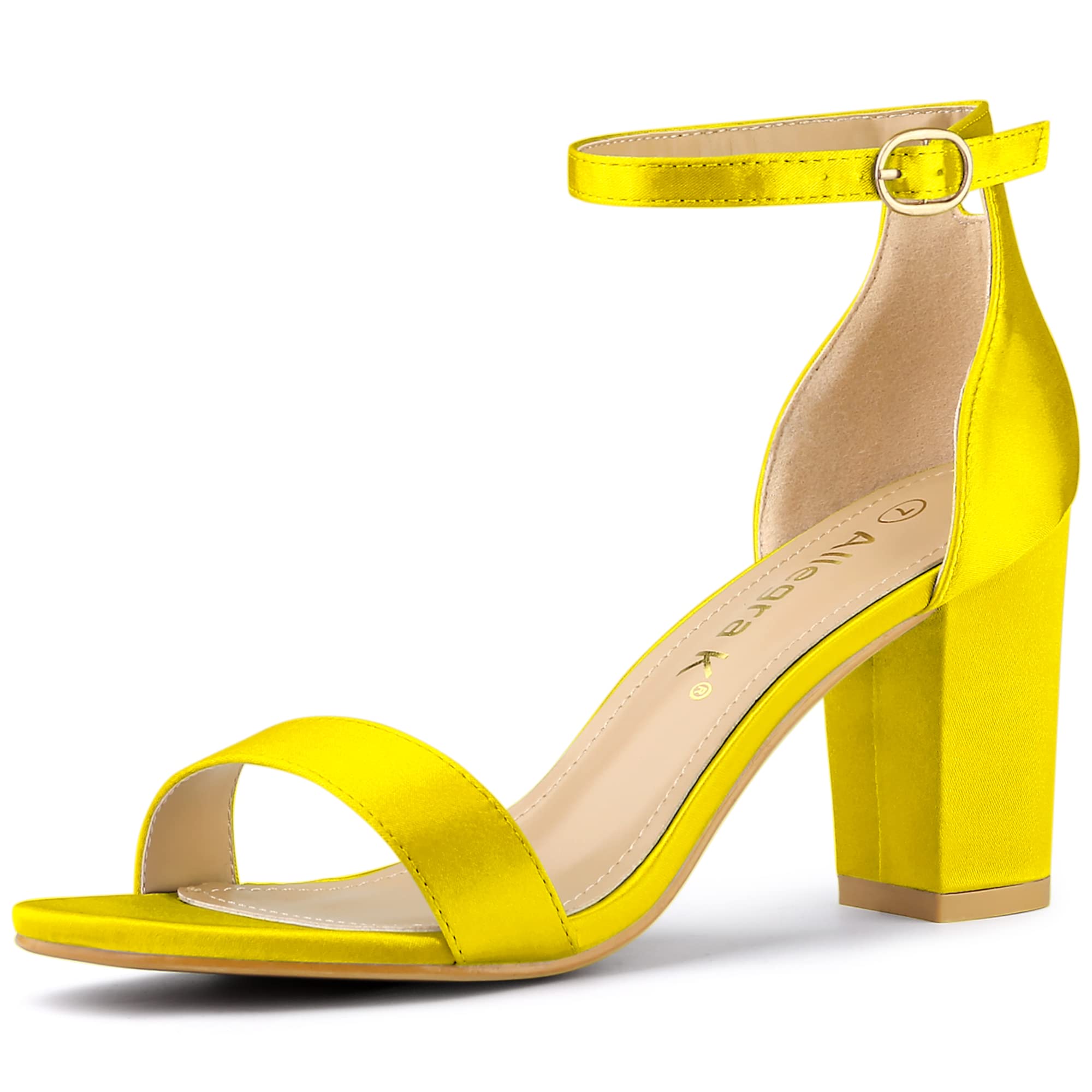 Allegra K Women's Satin Open Toe Ankle Strap Chunky Yellow Heels