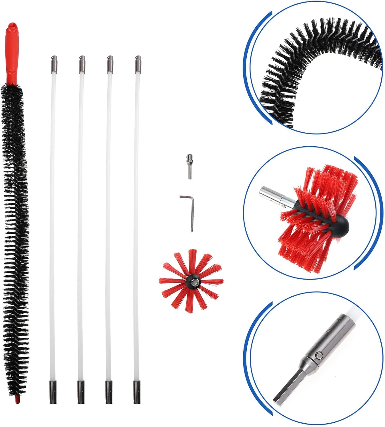 Luxshiny Fireplace Chimney Brush and Dryer Vent Cleaning Brush Set with 4 Flexible Extension Rods, Nylon Bristles, Drill Powered Lint Sweeping Tool for Home Vent and Duct Cleaning