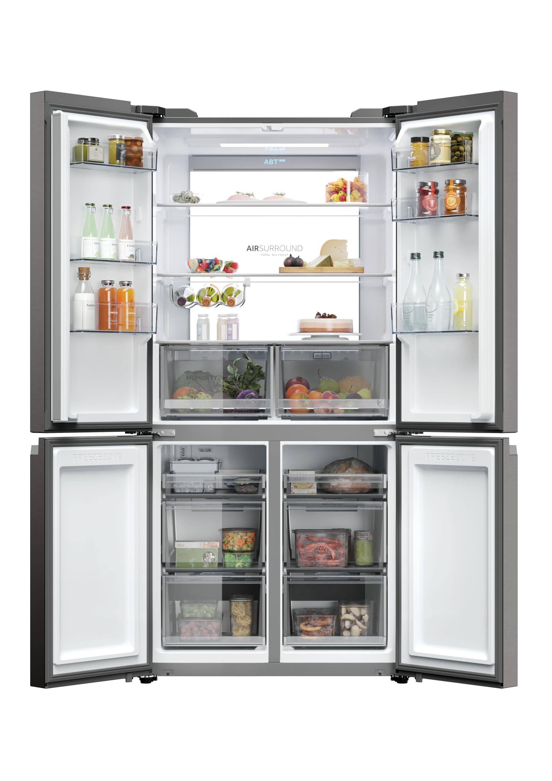 Haier Cube 90 Series 7 HCR79F19CNMD - Frigorífico 4 Puertas, Congelador 2 Zonas, Motor Inverter, Air Surround, Cajón Humidity Zone, Total No Frost, An 90,5cm, Capacidad 642L, Daylight, 37dB, Dark Inox