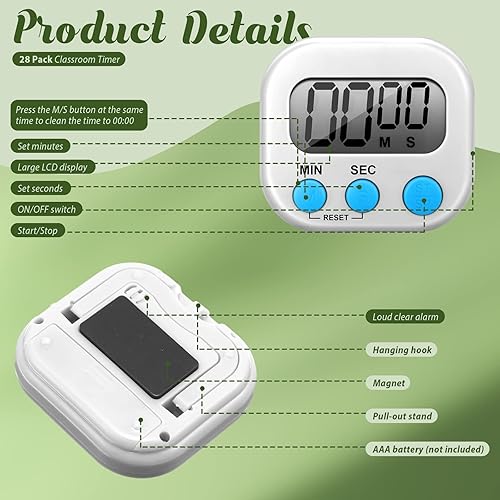 Miniatura 4 de Xuhal Paquete de 28 temporizadores de aula para profesores, temporizador digital magnético para dígitos de aula, cronómetro, temporizador para