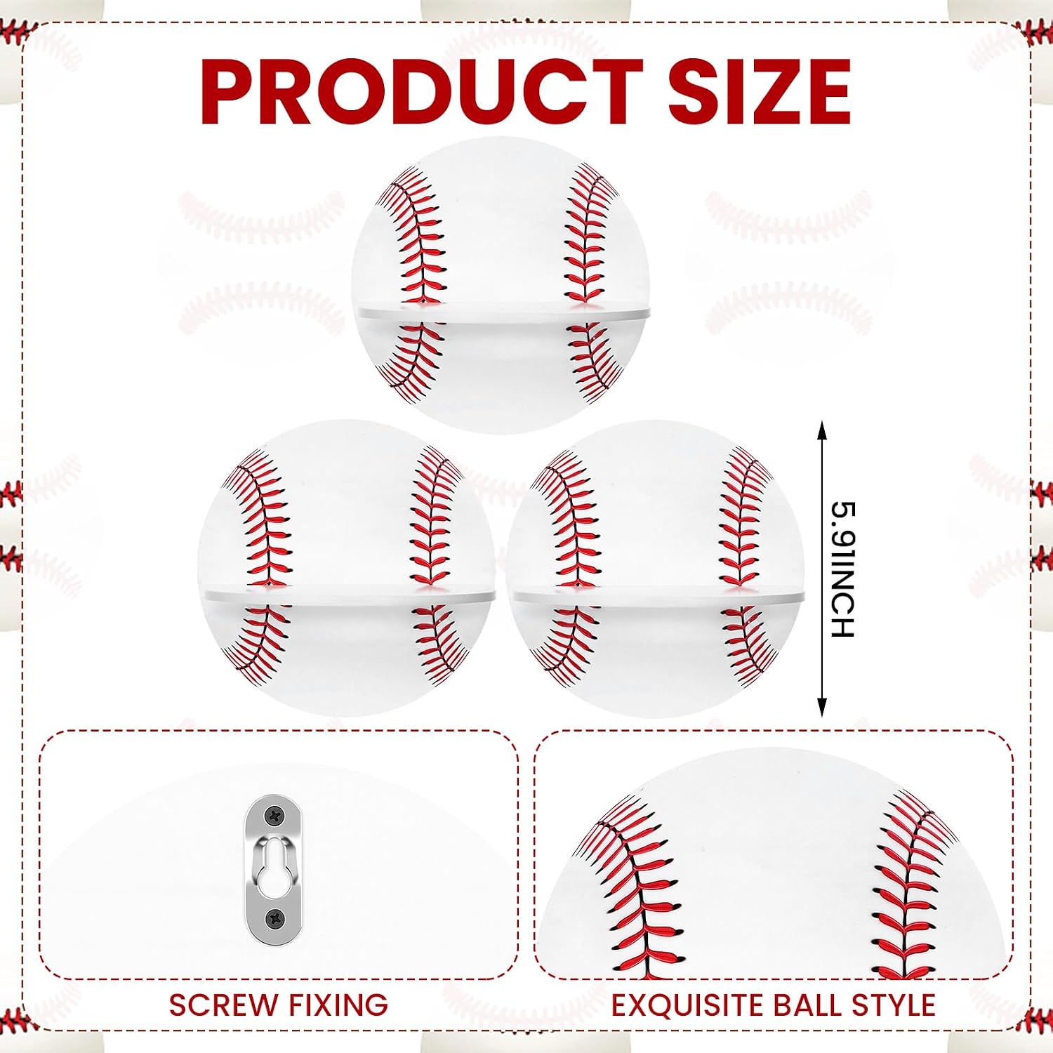 Yinkin 3 Pcs 6 Inch Baseball Floating Shelf Mini Sports Theme Hanging Display for Wall Decor Wooden Baseball Shelf for Bedroom, Living Room, Bathroom, Kitchen