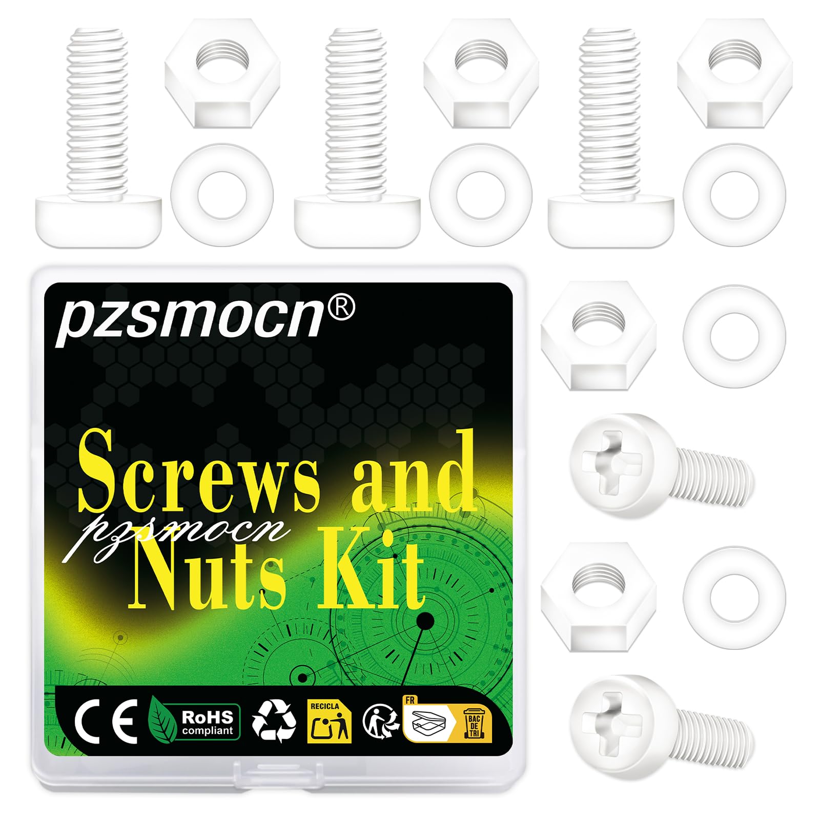 Pzsmocn 300 Pieces/100 Sets M4*30 mm Plastic White Nylon Cross Round Head Screw Hexagonal Nut Combination Kit, with Insulating Washers, Standard Size, For DIY and Electronic Assembly.