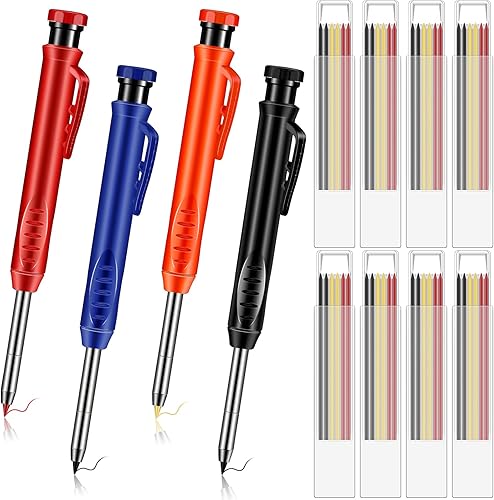 Lápiz de carpintero sólido de color con 48 recambios rojo amarillo y negro 4 piezas de metal con agujero profundo mecánico para lápices marcador de