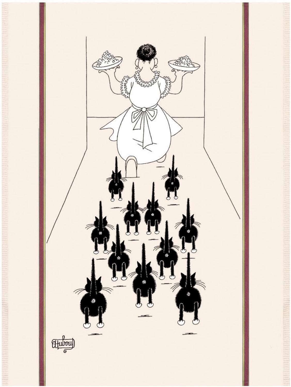 French Kitchen Towel - Albert Dubout - A Table Cat Illustration 24 x 30 in.