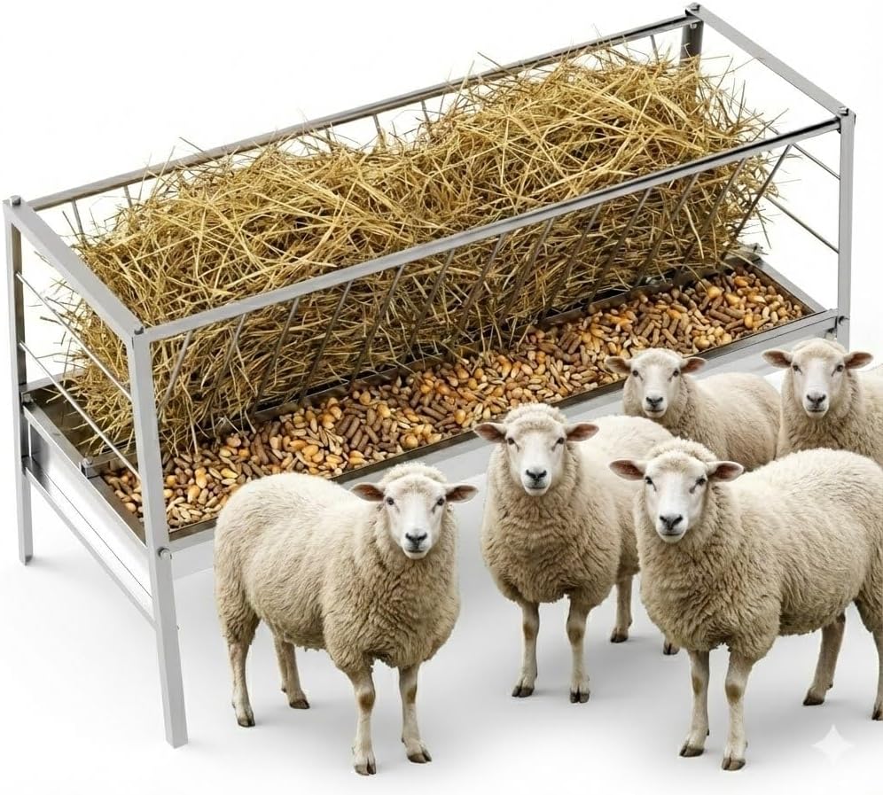 Stainless Steel Hay Feeder for Goats, 85 Gallon Rust-Proof Livestock Trough & Rack, 2-in-1 Heavy Duty Pasture Feeder for Sheep, Horse, and Calves, Reduces Waste