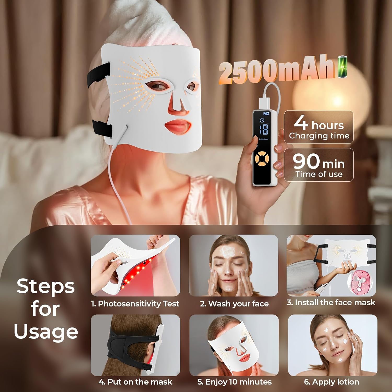 Red Light Therapy for Face-LED Face Mask Light Therapy with 3 Gears,2500mAh Battery,Remote Control,Infrared Red Light Therapy Mask for Home Working Travel Yoga Sleep