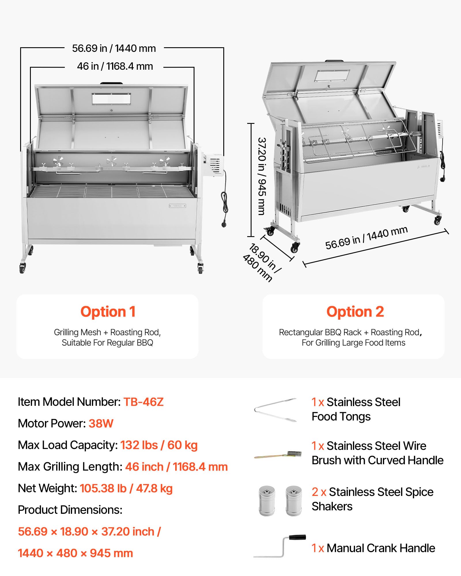 VEVOR Barbecue à Charbon Chargeant 60 kg, Barbecue Rôtissoire avec Roues, Kit de Tournebroche Électrique 38 W, 4 Niveaux de Hauteur, Broche en Acier Inoxydable, pour Agneau Porcelet, Extérieur