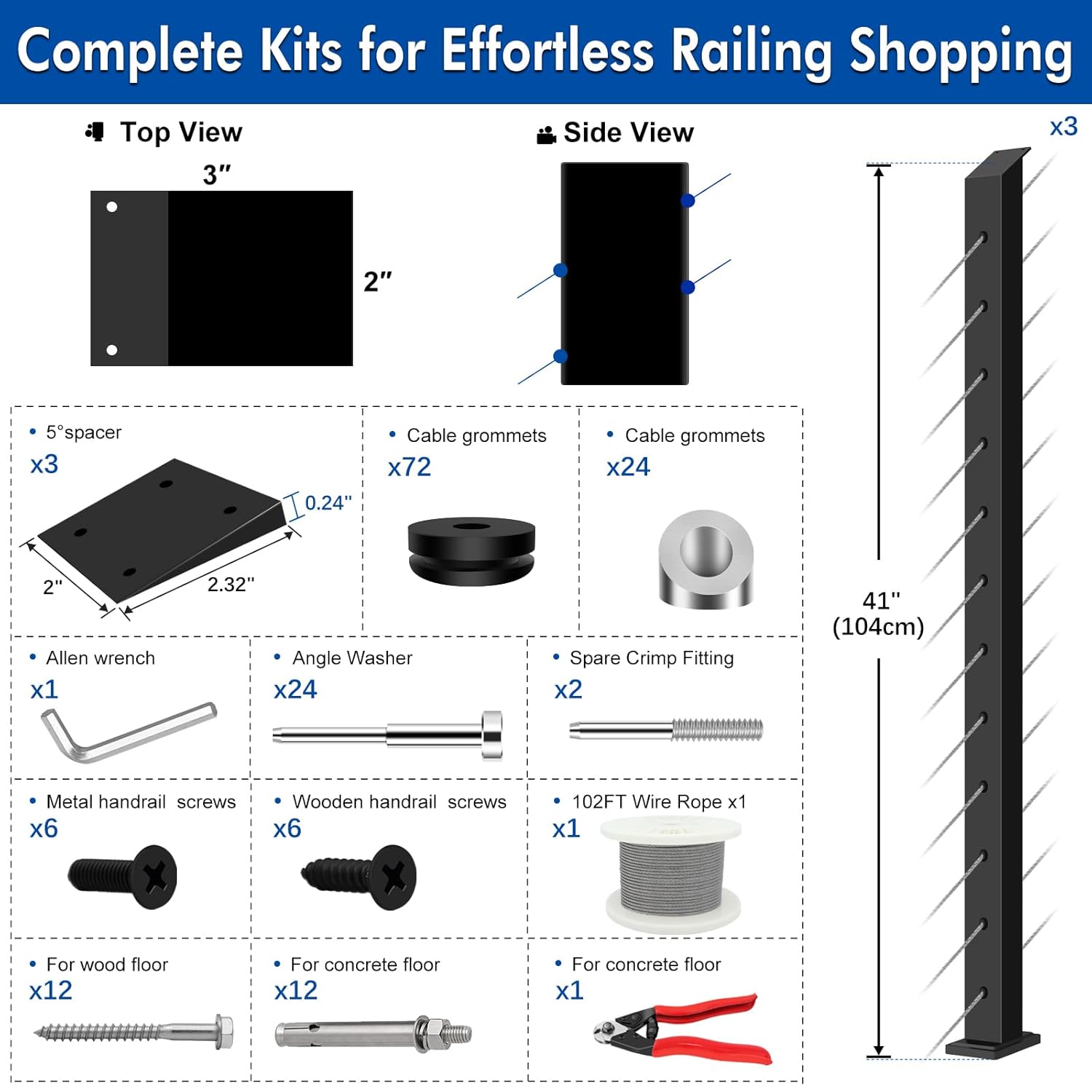 42" Complete Set Stair Cable Railing Post Kits, 3 Pack 33° Drilled Black Deck Post Fit 28-38° Stairway, Included 151FT Stainless Steel Wire Rope, 24 Tensioner, 24 Angle Washer (No Handrail)