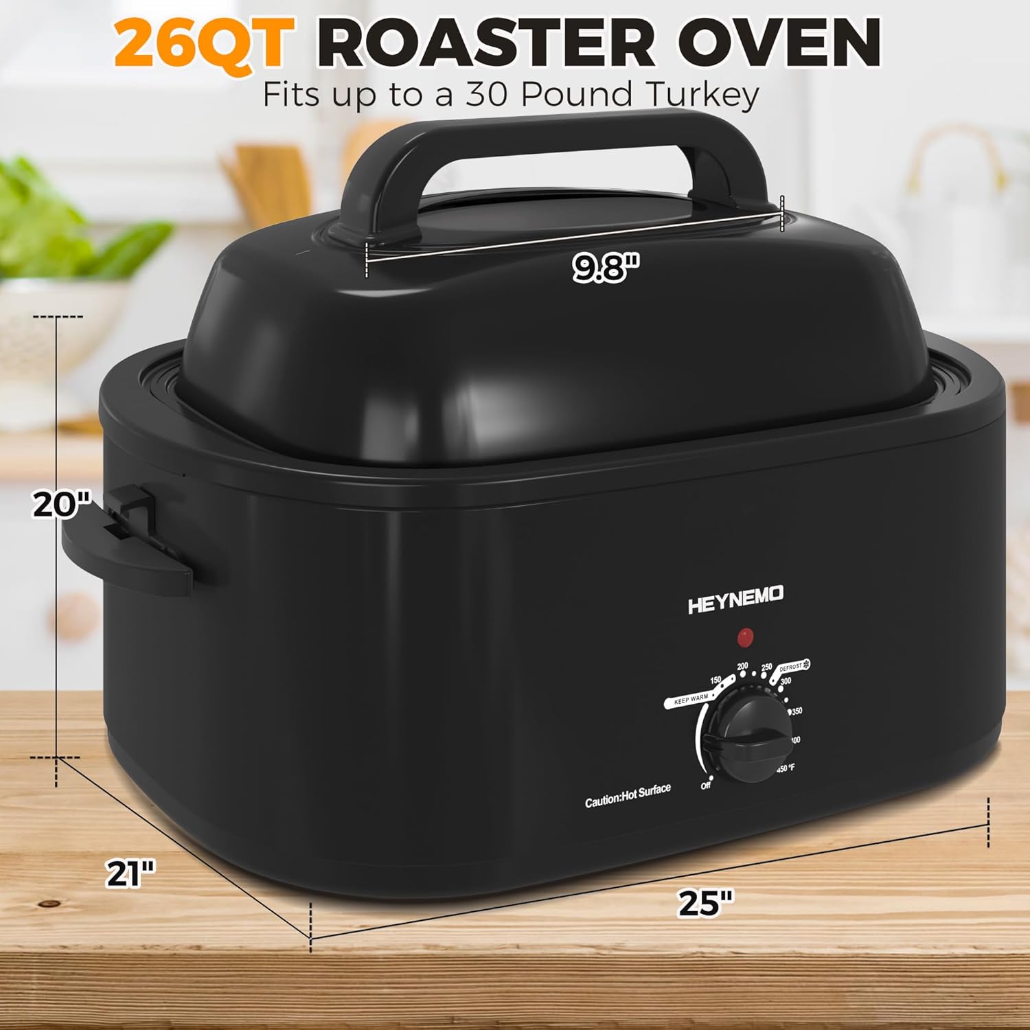 Diagram showing the dimensions of the HEYNEMO 26QT Electric Roaster Oven.