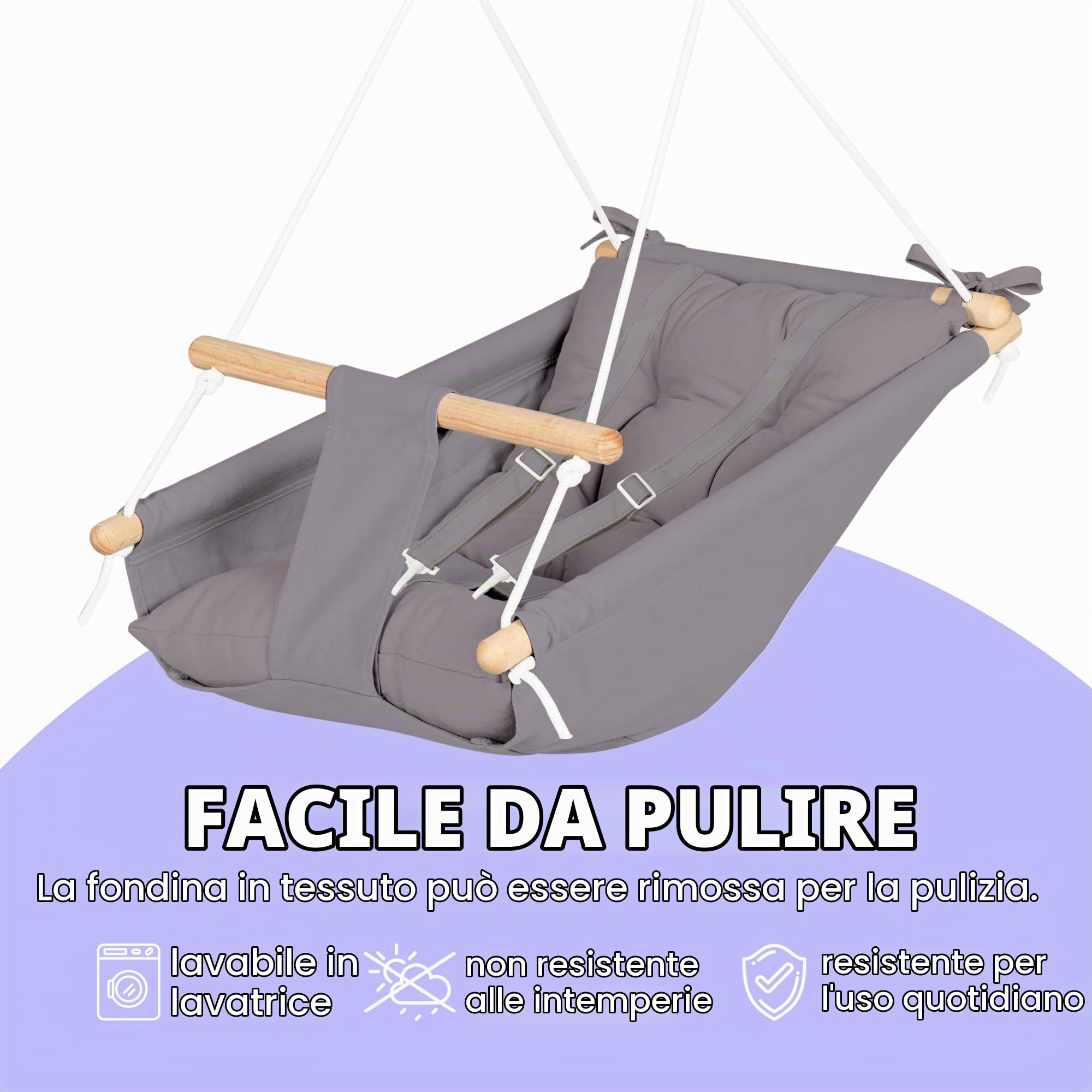 Cateam - Amaca in tela per bambini, altalena sospesa, in legno, con cintura di sicurezza e parti di montaggio, per il compleanno (Grigio Scuro)