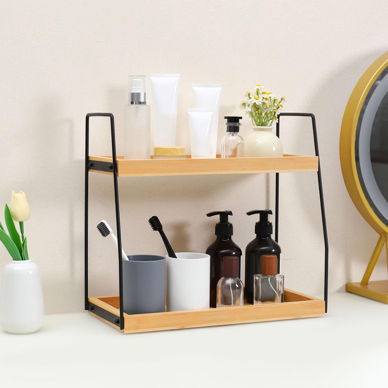 Bamboo Bathroom Counter Organizer, Wooden Bathroom Sink Countertop Organizer, 2 Ties Vanity Counter Top Shelf, Dresser Skincare Storage Rack - Image 2