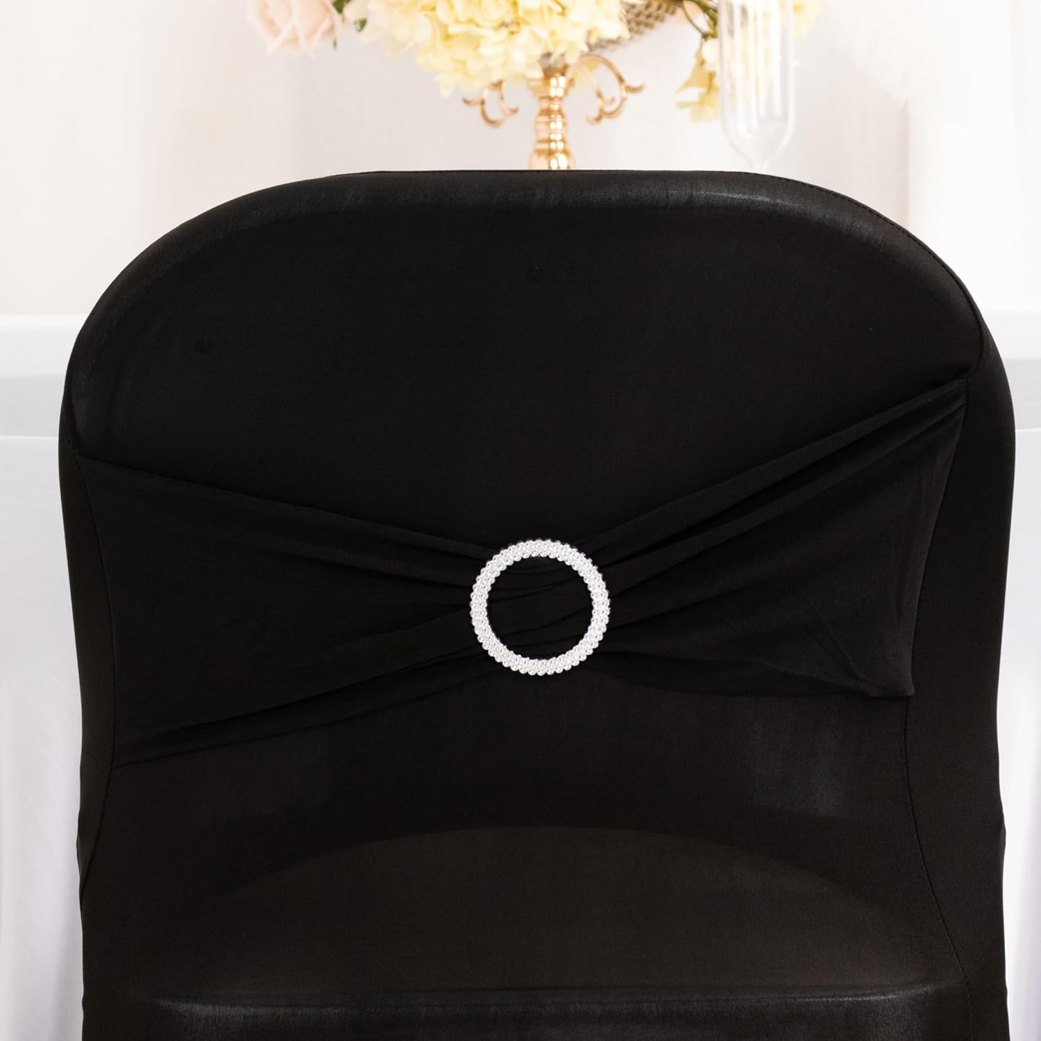 Efavormart 10 PCS Black Spandex Folding Slip On Chair Cover with Silver Rhinestone Buckled Sash Band, Stretch Fitted Chair Cover