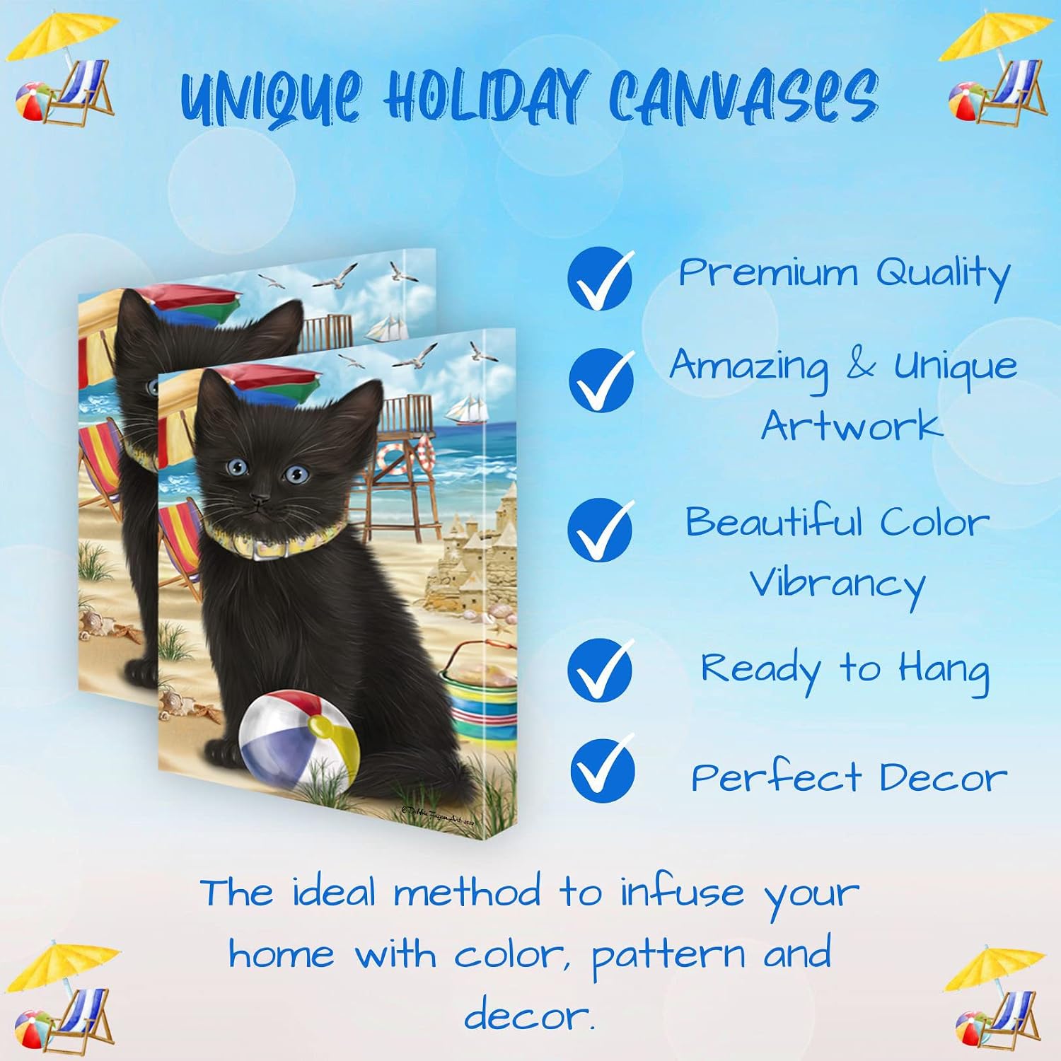 Doggie of the Day Pet Beach with Black Cat Canvas Wall Art - Premium Quality Ready to Hang Room Decor - Flat Rolled 11" x 14"