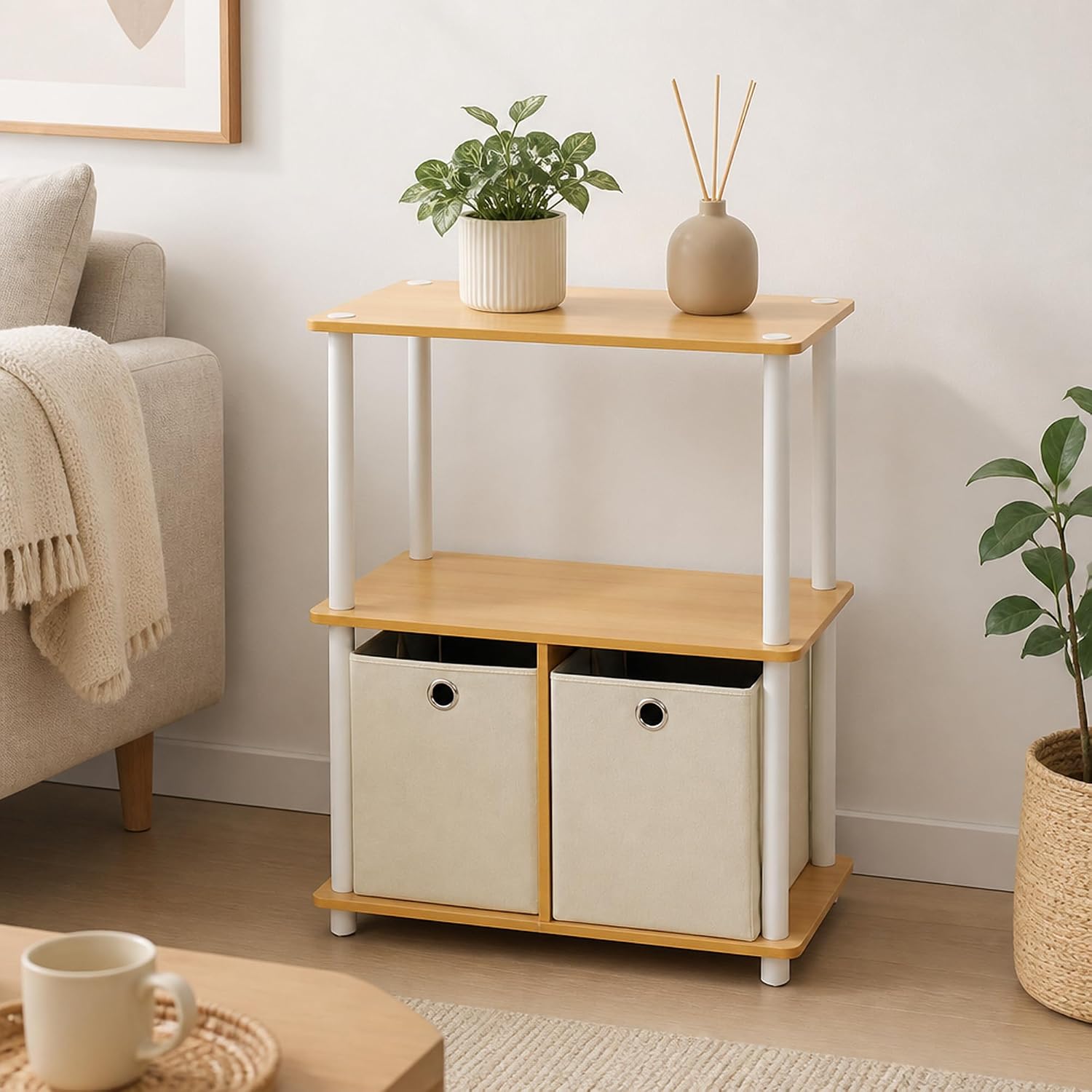 3-Tier Toolless Book Shelf with Storage Bins, Display Shelf, Storage Shelves for Organization and Storage, Garage, Home Office, Living Room, Beech