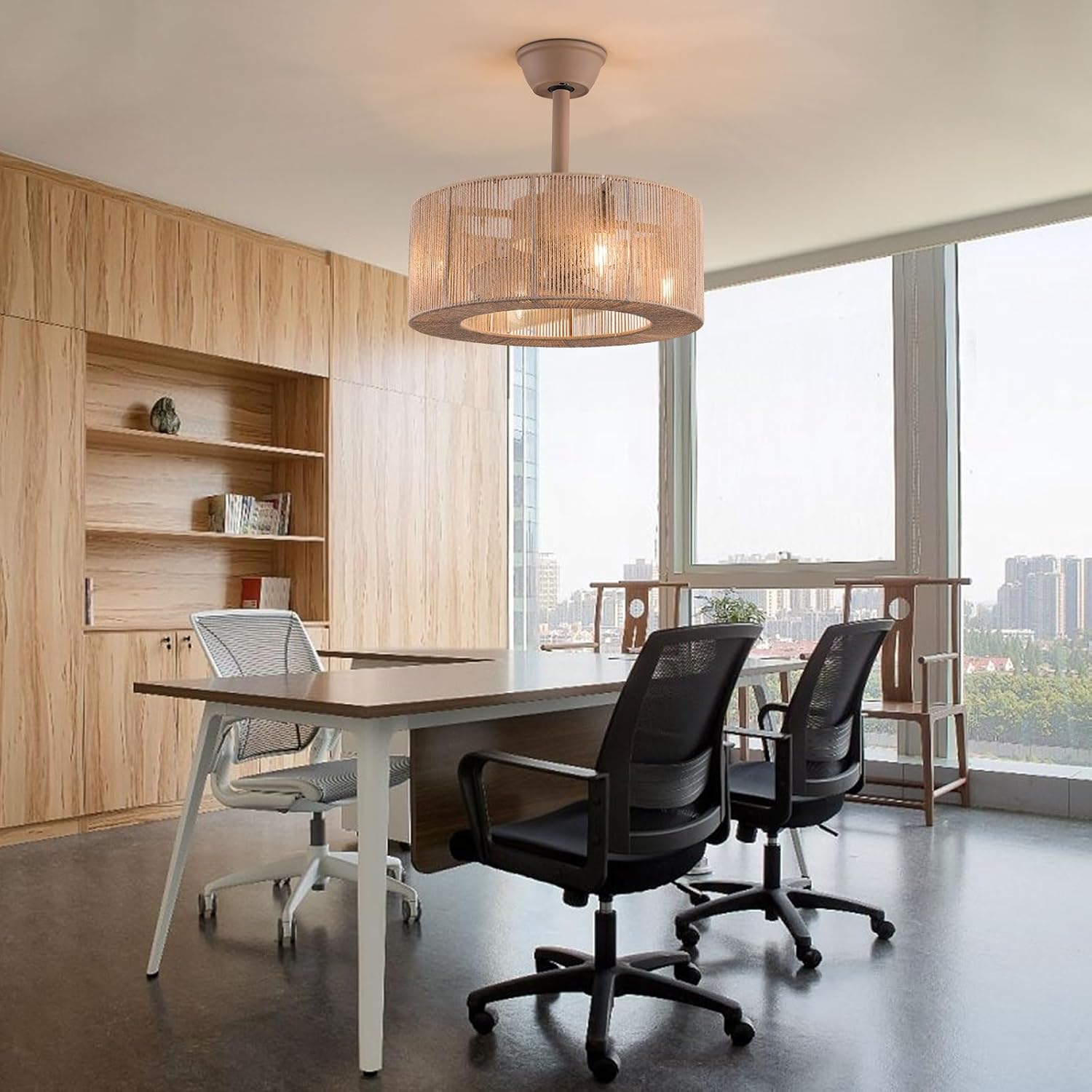 LOYALHEARTDY Boho Ceiling Fan with Light and Remote 18" 6-Speed 1/2/4/8H Timer Caged Modern Downrod Mount Bladeless Ceiling Fan Kids Fan, Hemp Rope Fringe Tassel Lampshade