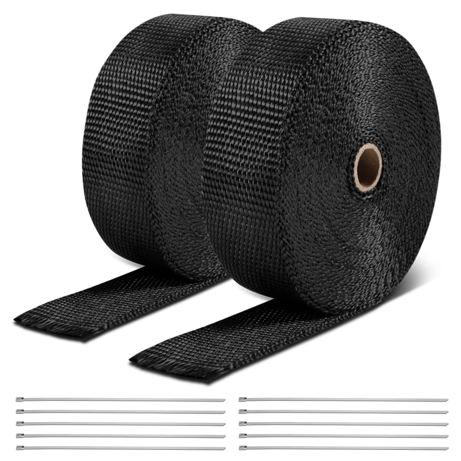 DNA MOTORING 2" x 50' Exhaust Header Wrap Heat Wrap for exhaust pipes, Exhaust Tape Pipe Heat Tape for Motorcycle Fiberglass Heat Shield Tape with 10pcs Stainless Ties, 2 Roll, WRAP-50-ZIP-BK-2P