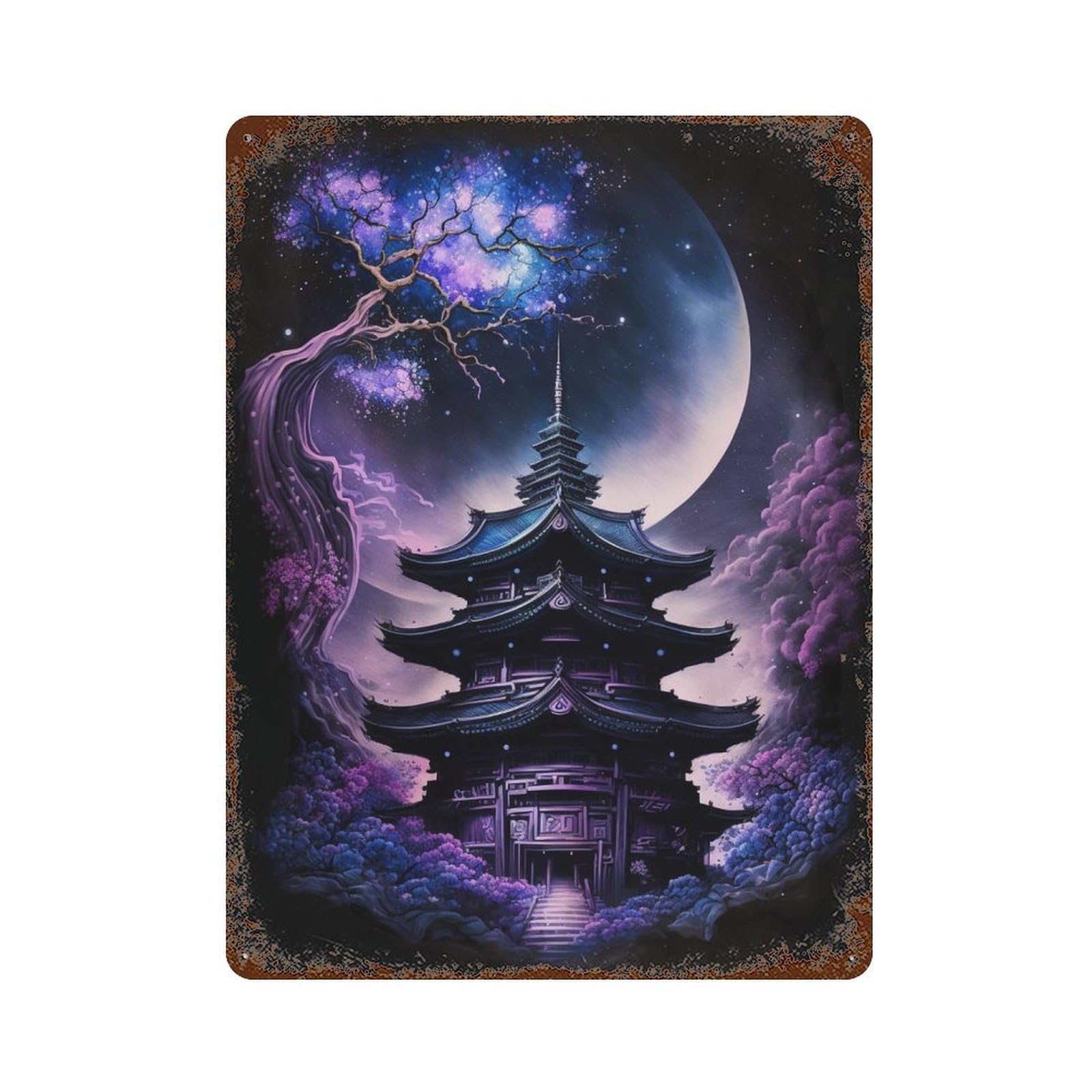 Enchanted Pagoda Night Scene -1 Rust Effect Tin Sign 15.7"x11.8", Vintage Wall Decor for Bistro, Counter And Cafe Decor