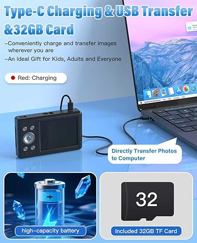 Miniatura 5 de Cámara digital - Cámara digital FHD 1080P de 56 MP para niños, apunta y dispara, con zoom de 16X, antivibración, cámara para niños con portátil