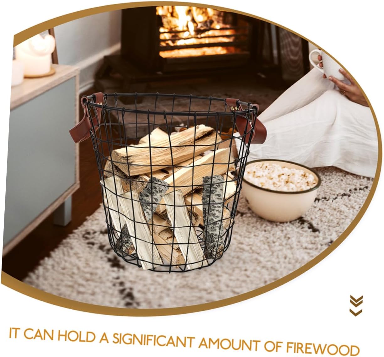 2pcs Rustic Outdoor Firewood Storage Basket Large Woven Wire Basket Metal Firewood Holder Indoor Log Carrier