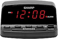 Sharp Despertador digital com controles de estilo de teclado, bateria reserva, fácil de usar com operação simples, caixa preta com visor LED vermelho