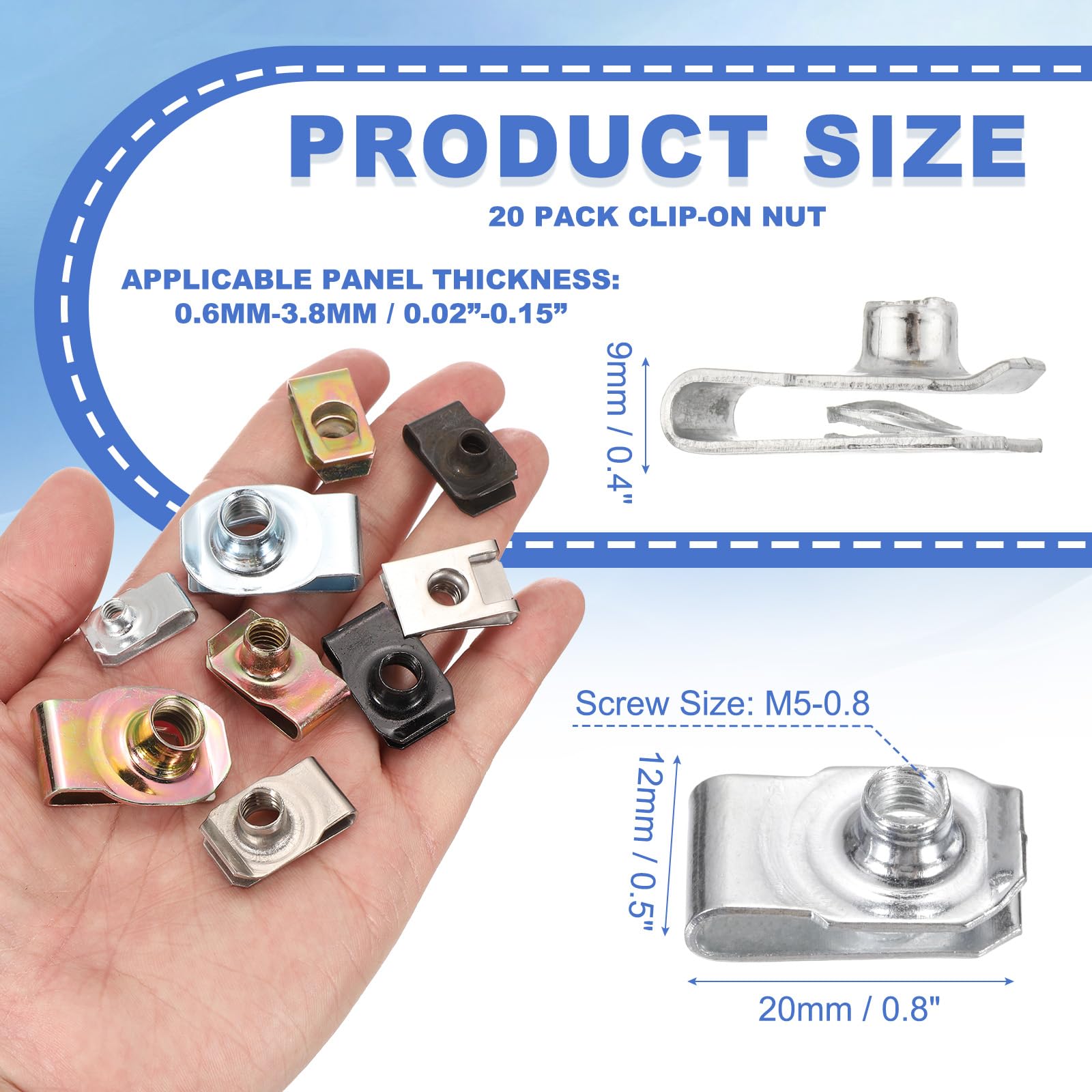 Amazon | PATIKIL U-スタイルクリップオンナット、20個入りM5-0.8