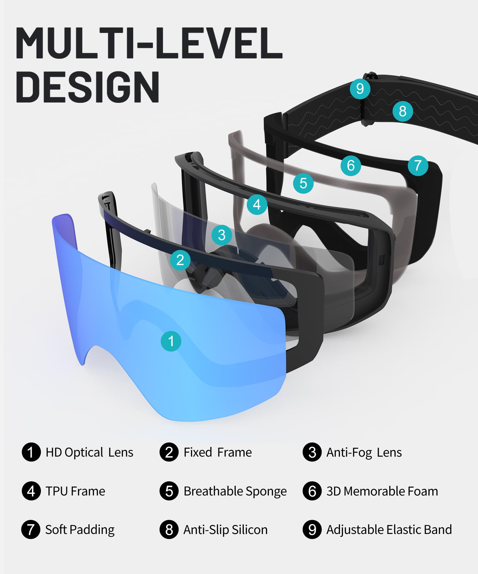 OTG Lunettes de ski photochromiques sans cadre - Adaptives à la lumière - Anti-buée - Protection UV - Pour homme et femme