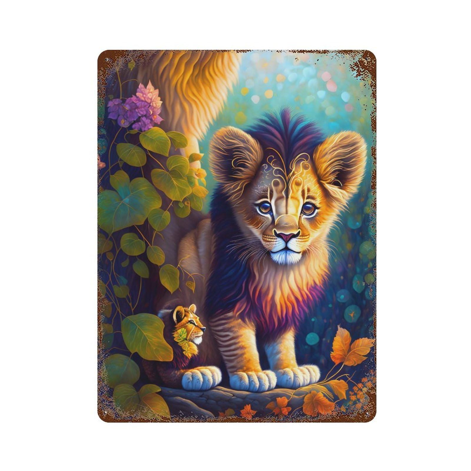 Rusty Metal Tin Sign with Magical Lion Cub Adventure Design 15.7"x11.8", for Farmhouse, Kitchen And Entryway Decor, Classic Wall Plaque