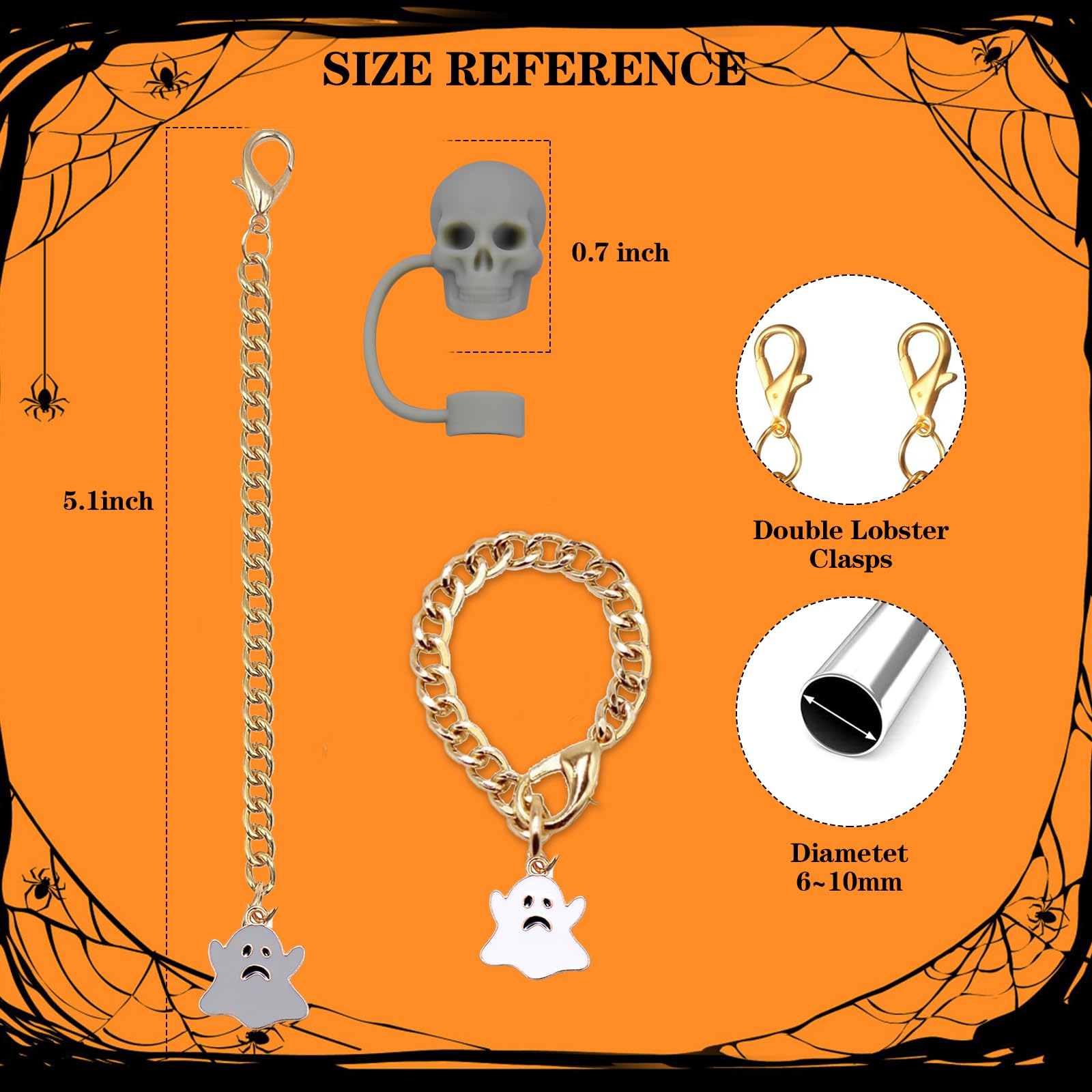 KWOYOS Skull Straw Cover Cap, Halloween Straw Cover Caps 10mm for Stanley Cups, Stanley Cup Accessories (3 Caps + 3 Chains)