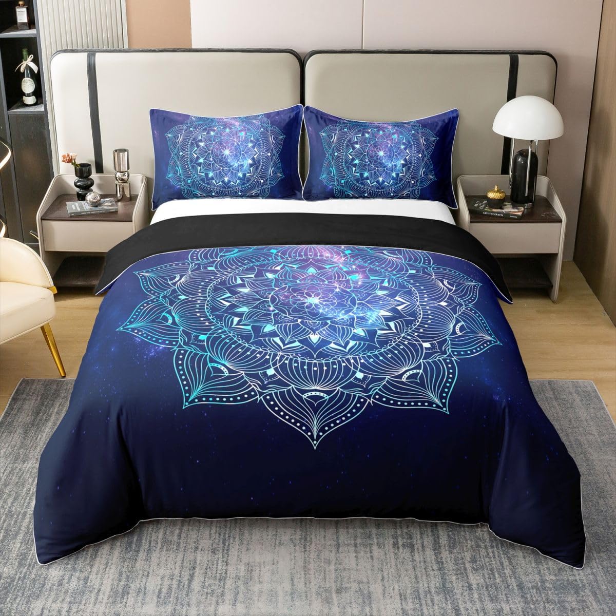 Erosebridal Lotus 100% Cotton Duvet Cover King Size Mandala Bedding Set for Kids Boys Girls Simple Lines Modern Dots Starry Sky Comforter Cover Dreamy Stars Simplicity Flower Bedclothes