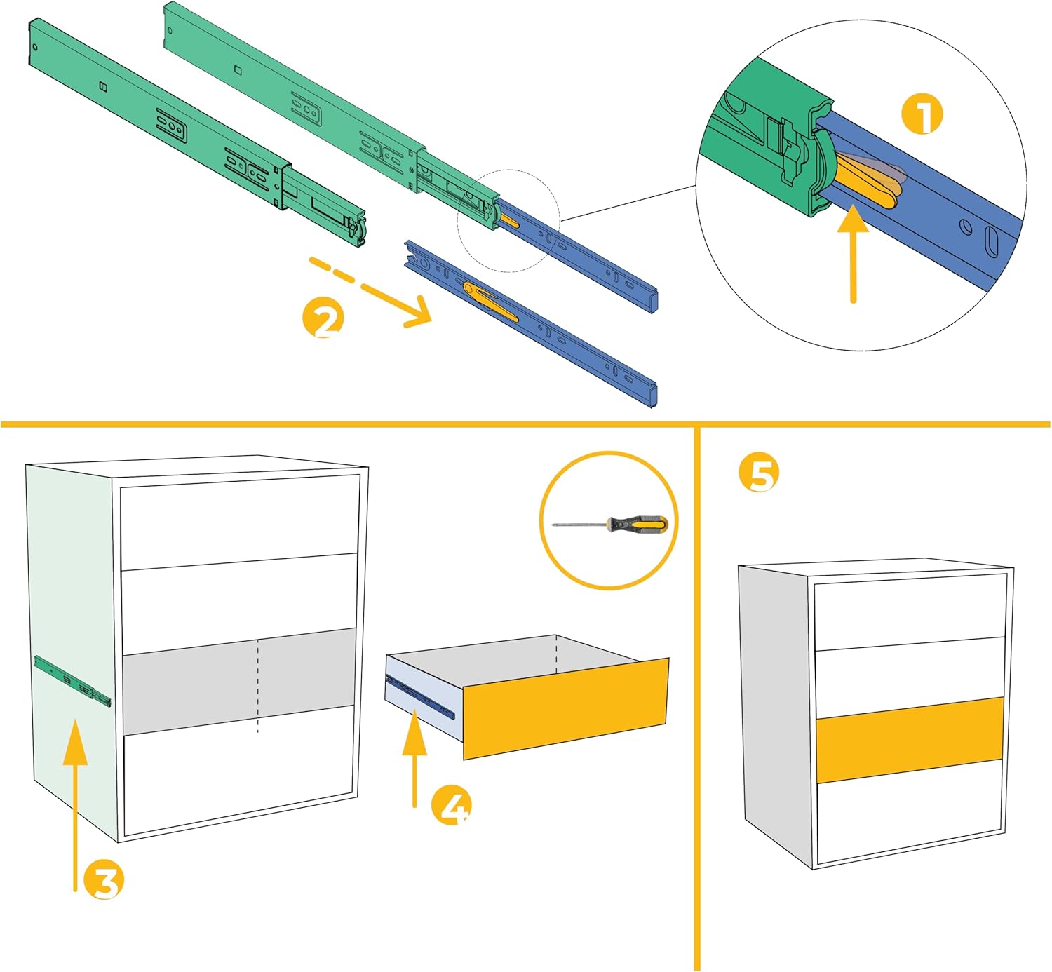 Emuca - Ball bearing drawer slides 45mm x 450mm, Set of 1 pair of full extension drawer runners with soft closing