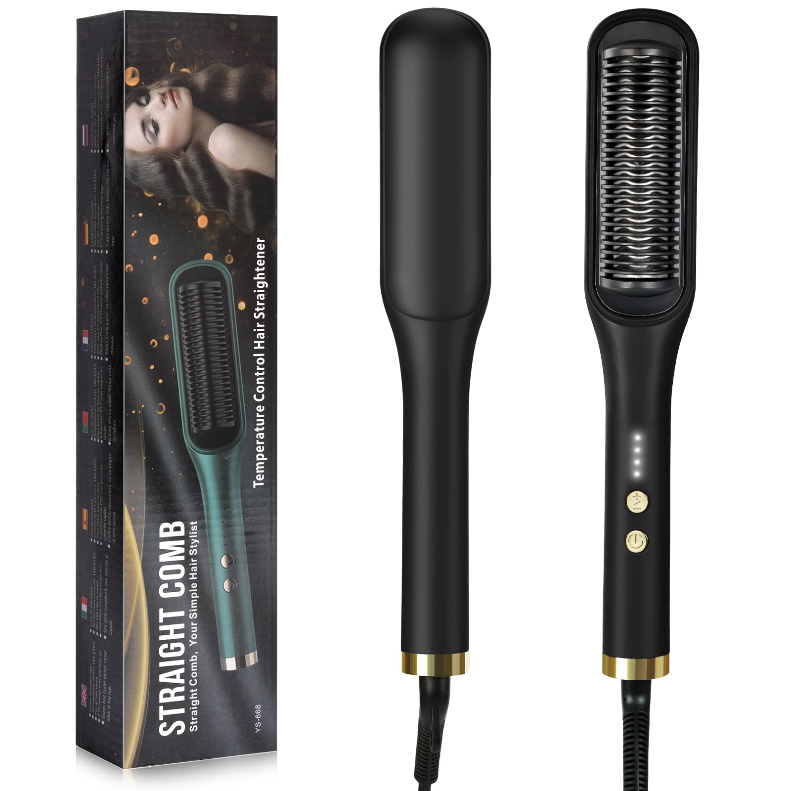 flintronic Cepillo Alisador Pelo, 2 en 1 Peine Alisador de Pelo Portátil, Planchas de Pelo con Iones Negativos, 4 Temperaturas, 130 °C-200 °C, Calentamiento Rápido, Anti Encrespamiento (Negro)