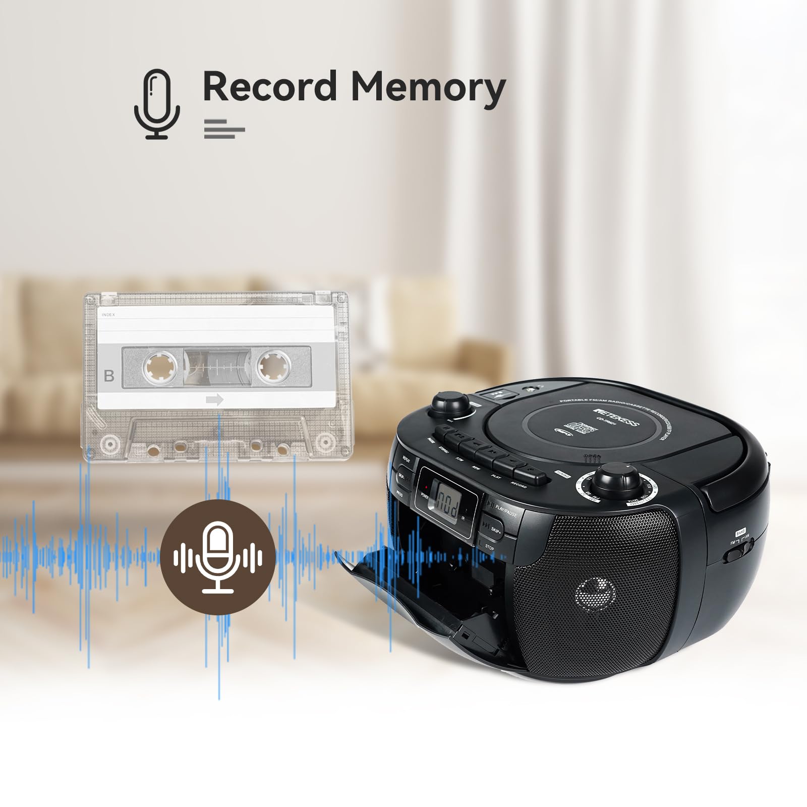 Retekess TR621 Przenośny Odtwarzacz CD Boombox Stereo z Radiem AM FM, Odtwarzacz Kasetowy, Magnetofon Kasetowy, Obsługa USB/TF/Słuchawek, z Pilotem (czarny)