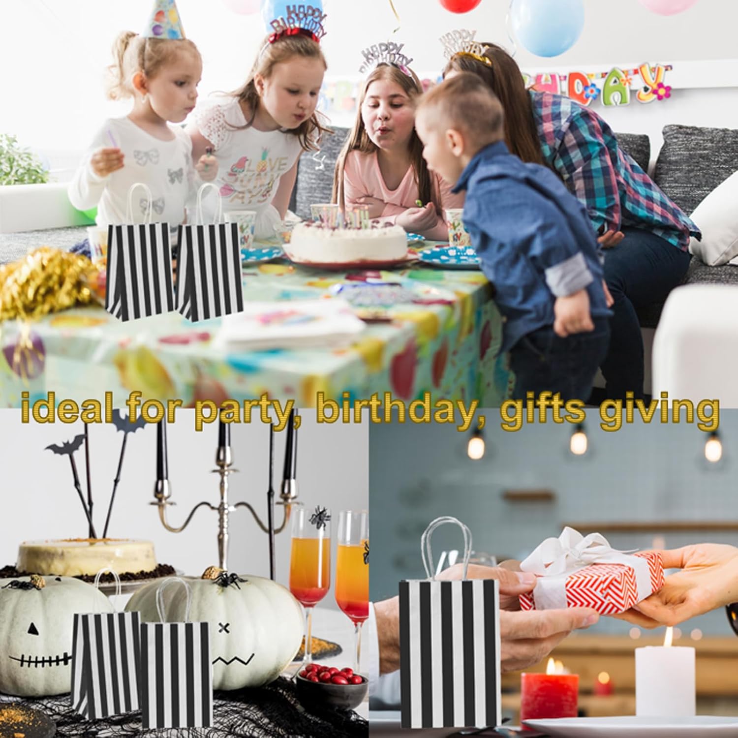 100Pcs Small Gift Bags, 5.25x3.25x8 Inches Black & White Striped Recycled Kraft Paper Bag with Handles Bulk for Christmas, Party Favors, Shopping, Goodie, Birthday, Retail, Halloween,Business,Gift Wrapping