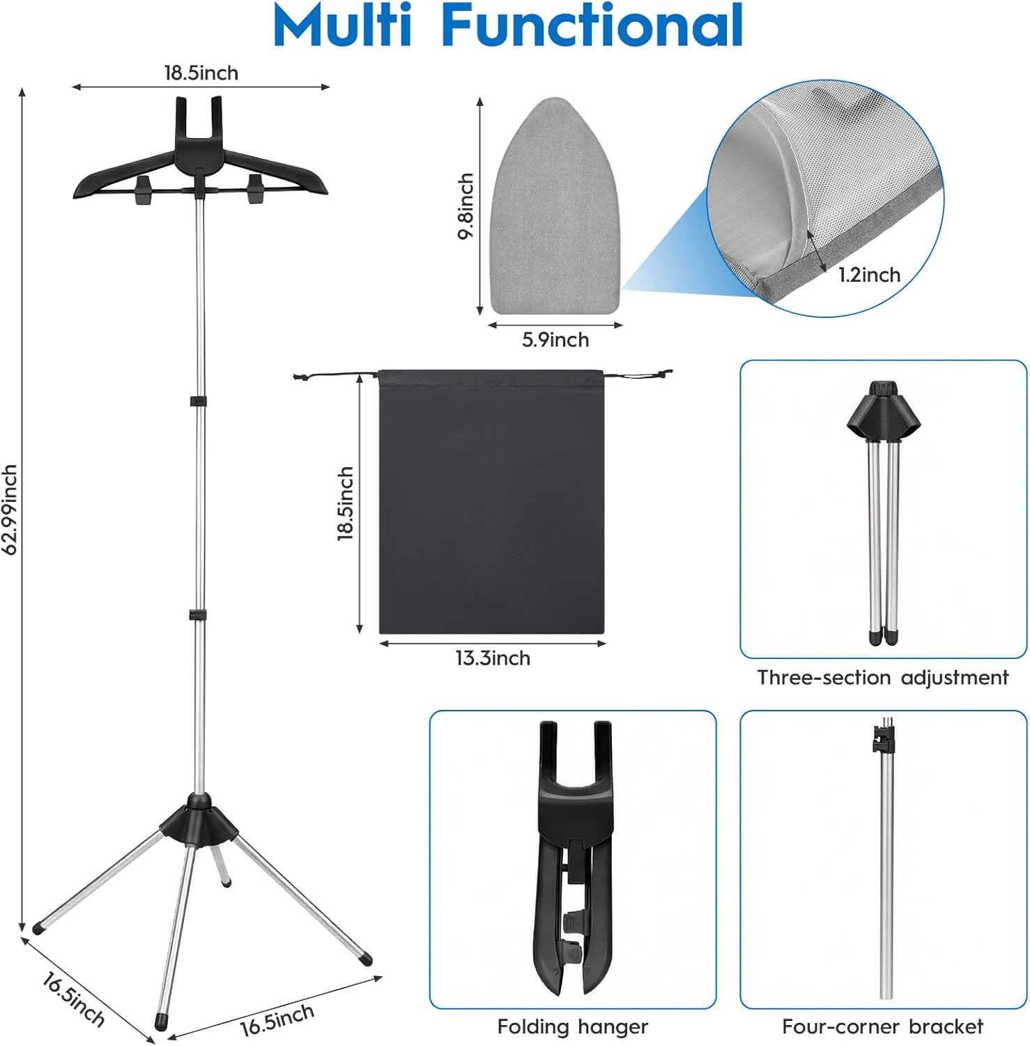 Steamer Stand for Clothes with Ironing Gloves & Carrying Bag Portable Adjustable Garment Steamer Stand Handheld Steamer Hanger Rack for Travel Home, Black