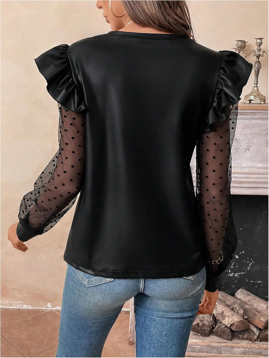 WDIRARA Women's Faux Leather Sheer Puff Long Sleeve Slim Top PU Crew Neck Blouse - Image 2