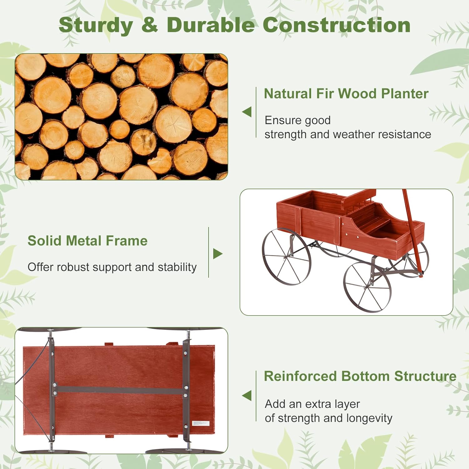 Wooden Wagon Planter, Decorative Garden Wheelbarrow Planter with 2 Planting Sections, Rolling Wheels, Adjustable Handle, Small Wagon Cart Planter Stand for Flowers Vegetables Herbs (Red)