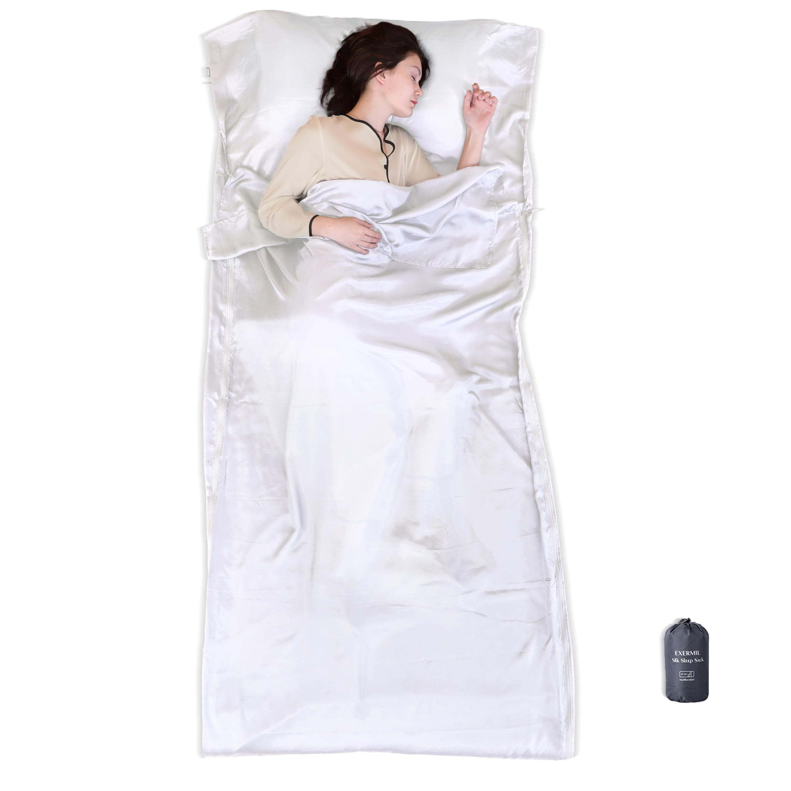 Exermil 100% Silk Sleep Sack with Zippers on 3 Sides, 87”x43” Large Sleeping Liners for Hotels, Travel & Camping, Multifunctional Travel Sheets (