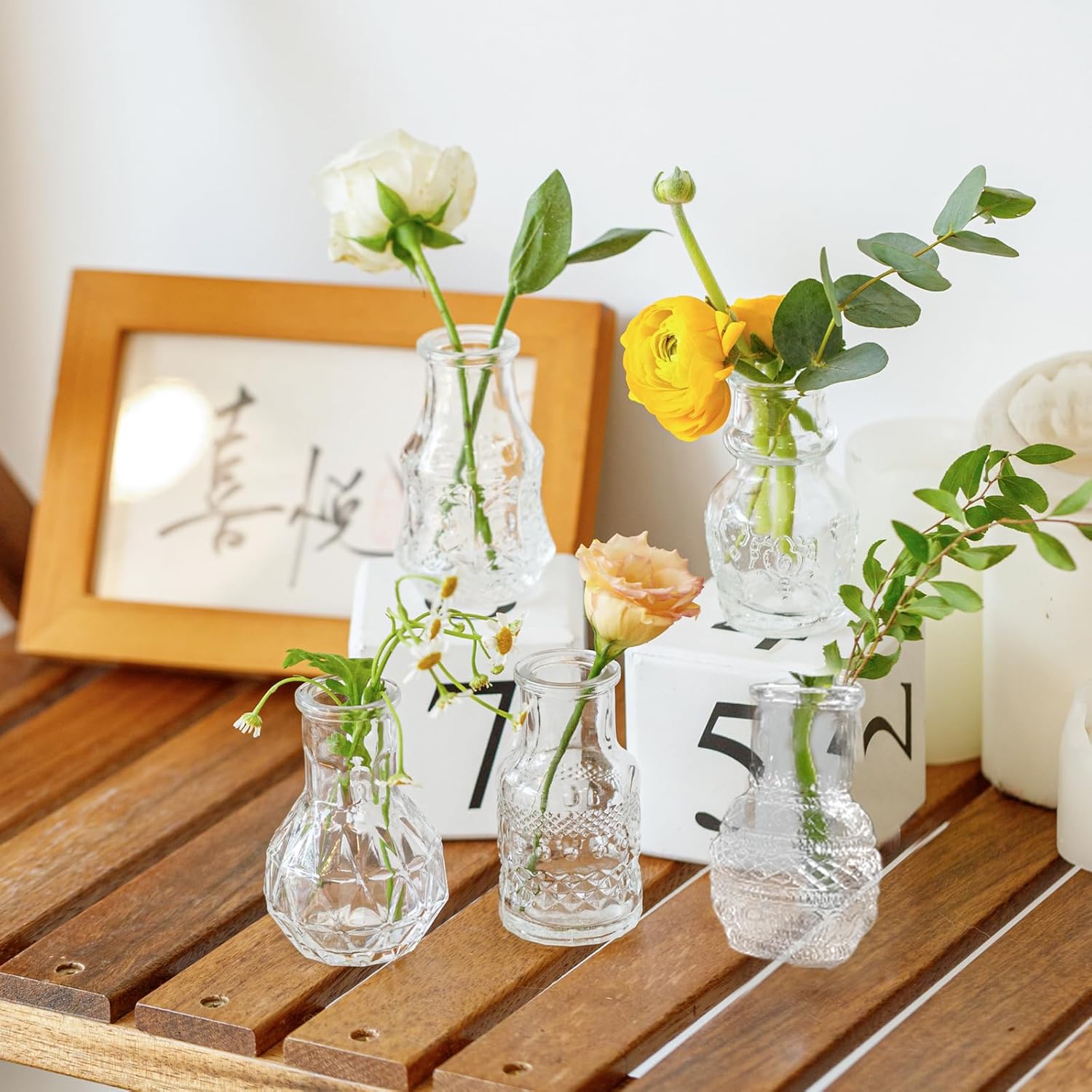 Glass Bud Vase Clear Mini Vases 5Pcs EylKoi Flowers Cute Vintage Small Glass Tiny in Bulk Different Shape Modern Set Lovely for Decor Table Wedding Home Table Centerpieces Dinning Party