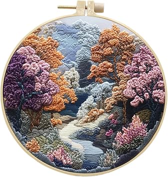 Eforcase Embroidery Starter Kit for Adult Beginner with Landscape Tree Mountain River Floral Nature Scenery Pattern Cross Stitch Hand Embroidery Set DIY Cross Stitch Kits with Hoops Needles Threads
