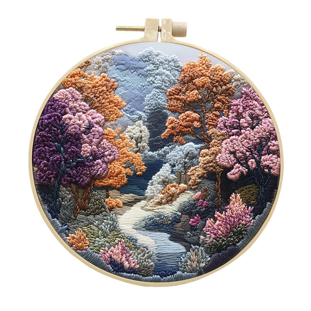Eforcase Embroidery Starter Kit for Adult Beginner with Landscape Tree Mountain River Floral Nature Scenery Pattern Cross Stitch Hand Embroidery Set DIY Cross Stitch Kits with Hoops Needles Threads