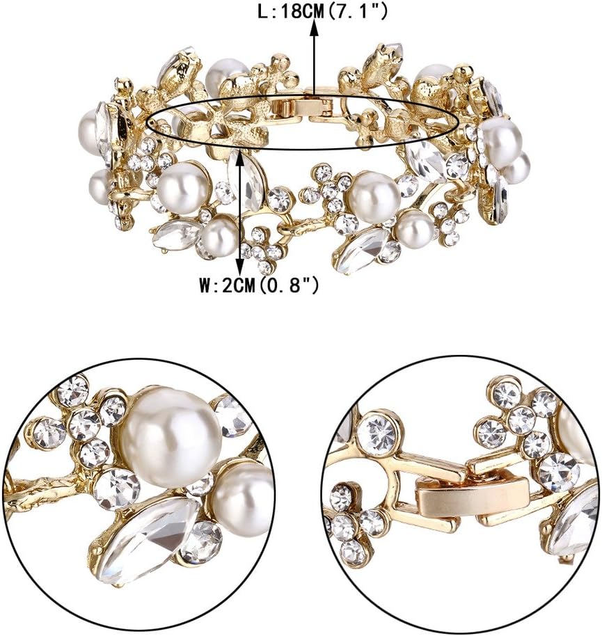 EVER FAITH Austrian Crystal White Simulated Pearl Bridal Floral Leaf Tennis Bracelet Clear - Image 4