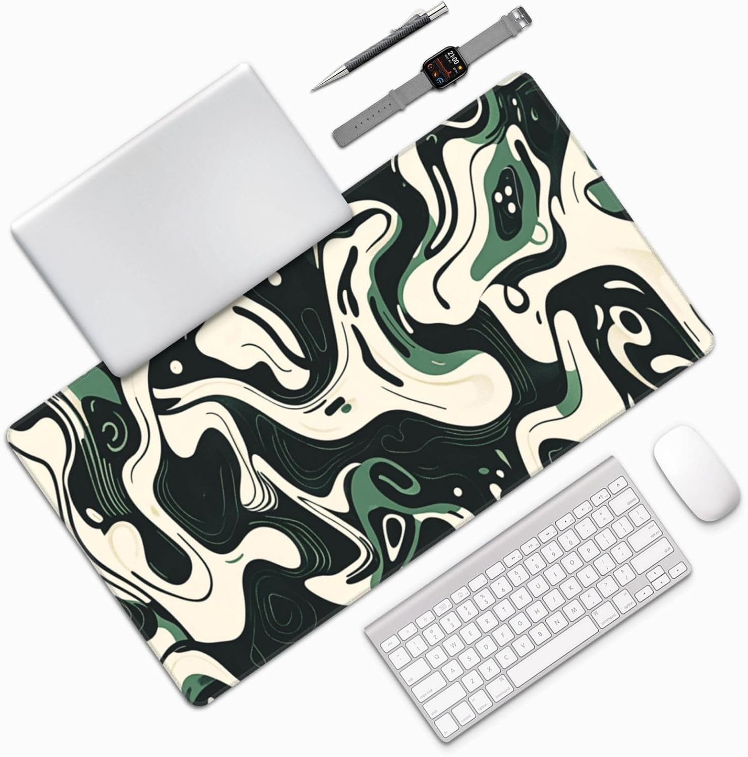 AQQA Abstract Topographic Map Green and White Pattern with Lines Gaming Mouse Pad Long XL Desk Mat for Desktop Mousepad with Non-Slip Base Stitched Edge Keyboard Mat for Office Home 31.5" x 15.7"