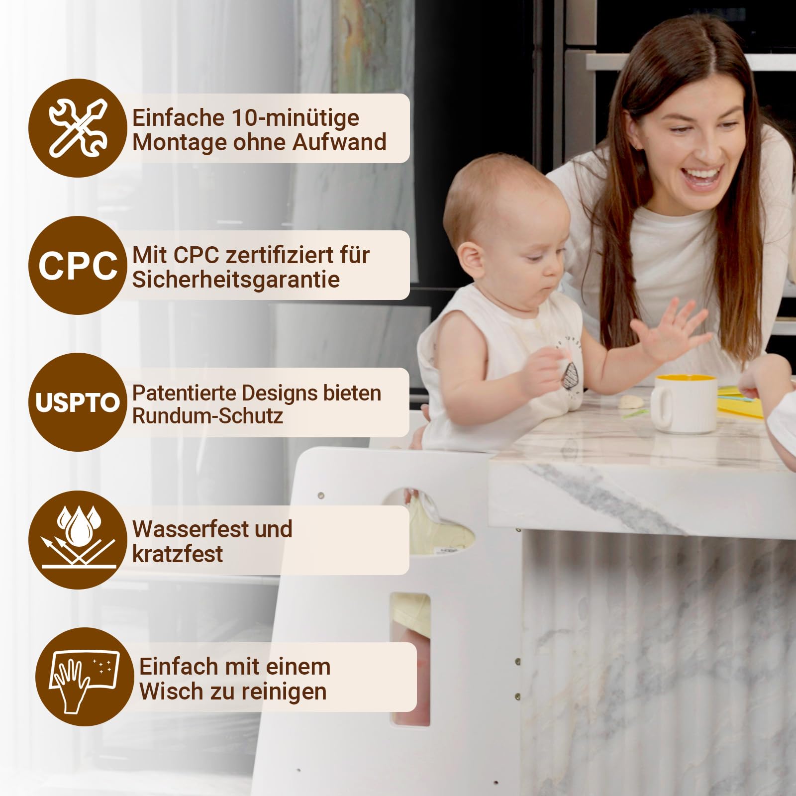 COSYLAND Lernturm ab 1 Jahr - Höhenverstellbarer Learning Tower für Kinder (3-stufig) - Montessori mit Kippschutz & Massivholz (Weiß und Holz)