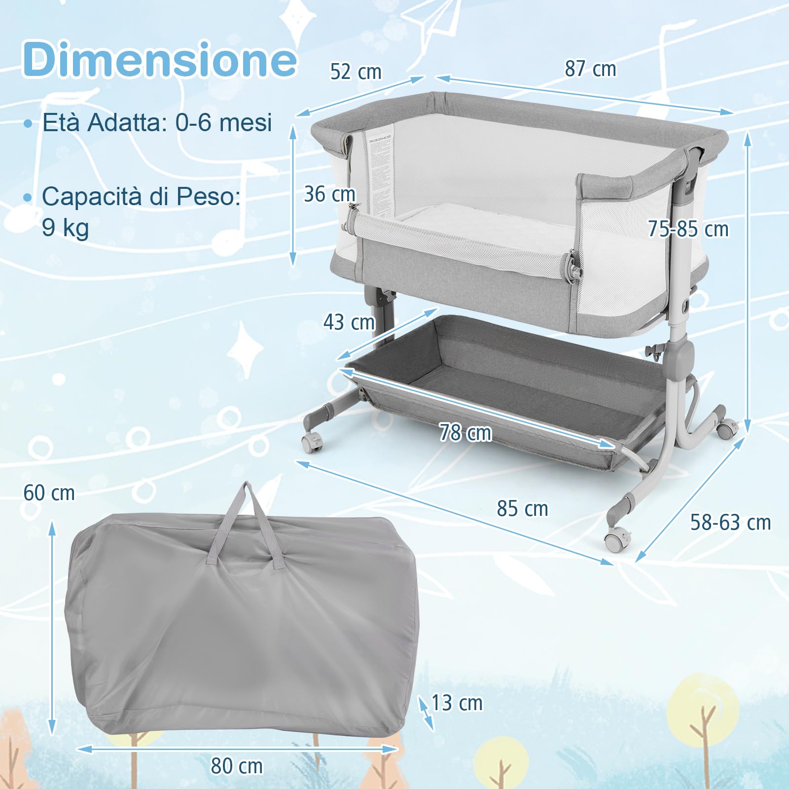 COSTWAY Culla Neonato con Matterasso, Culla Next to Me Piechevole con Altezza Regolabile a 6 Livelli, Lettino Bambino con Mensola Portaoggetti, Borsa da Trasporto, per Bambini 0-6 Mesi (Grigio Chiaro)
