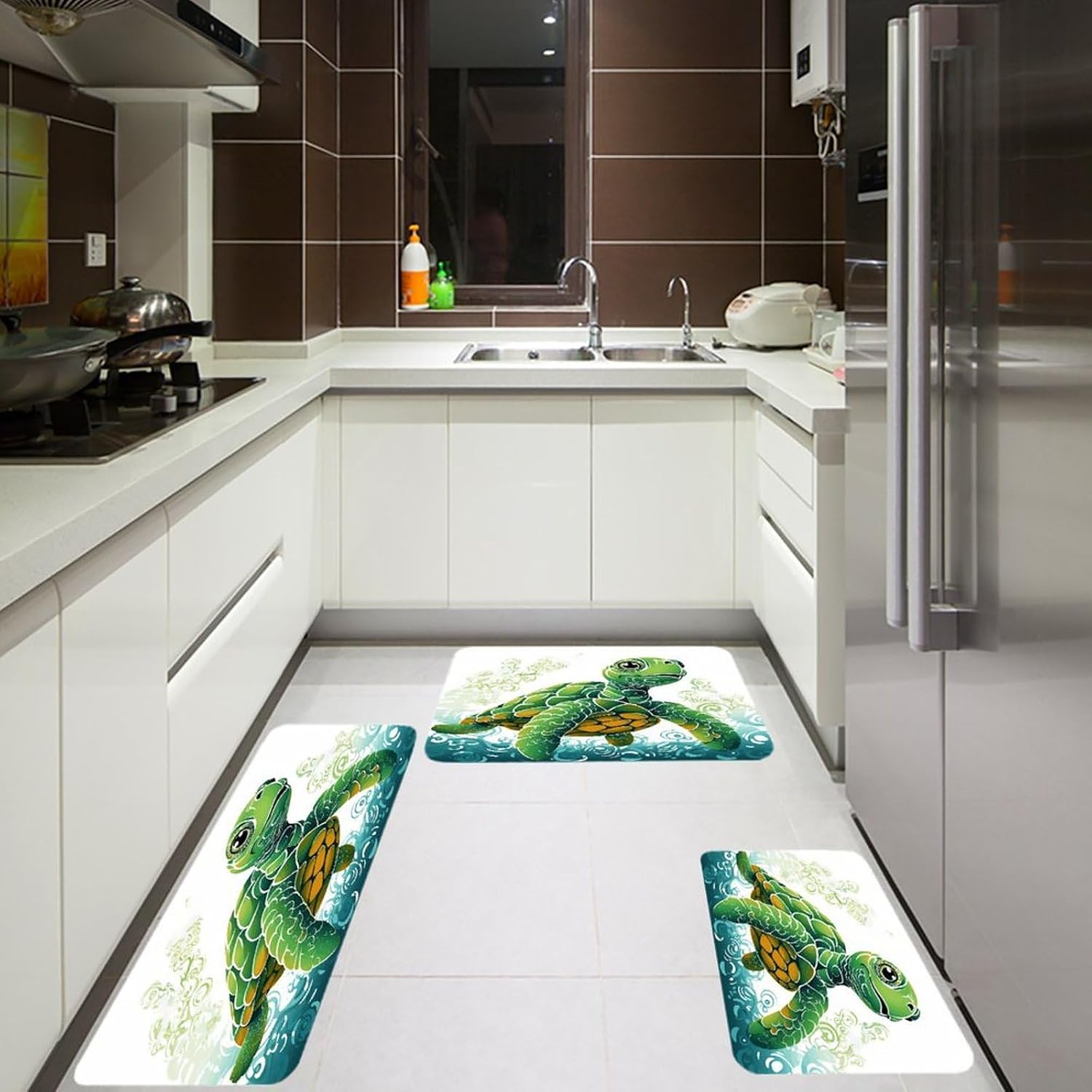 Cartoon Turtle Pattern Kitchen Rugs Sets of 3 Washable Non Slip Kitchen Rug Water Resistant Carpet Piece Anti Fatigue Kitchen Mats Soft Comfort Standing Mat Modern Area Rug