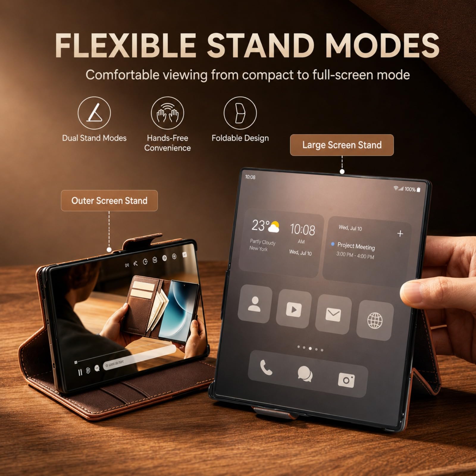 Custodia a portafoglio con cavalletto compatibile con Samsung Galaxy Z Fold 8, vera pelle, viola