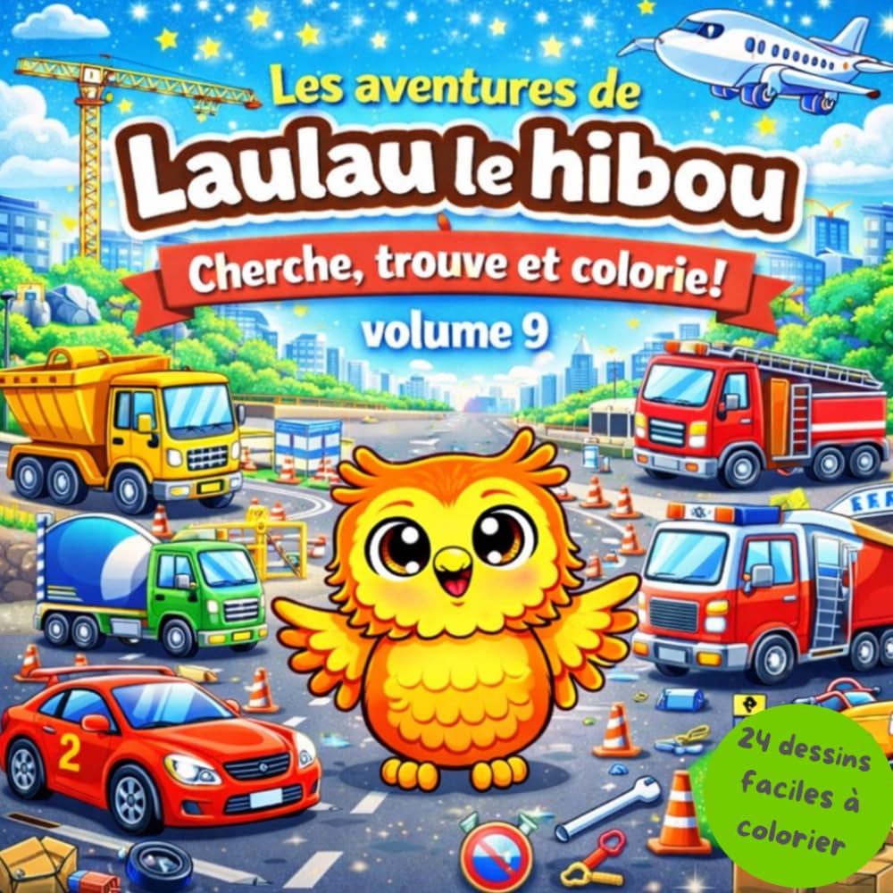 Les aventures de Laulau le hibou: Cherche, trouve et colorie avec les véhicules rigolos ! volume 9 - 24 dessins faciles à colorier