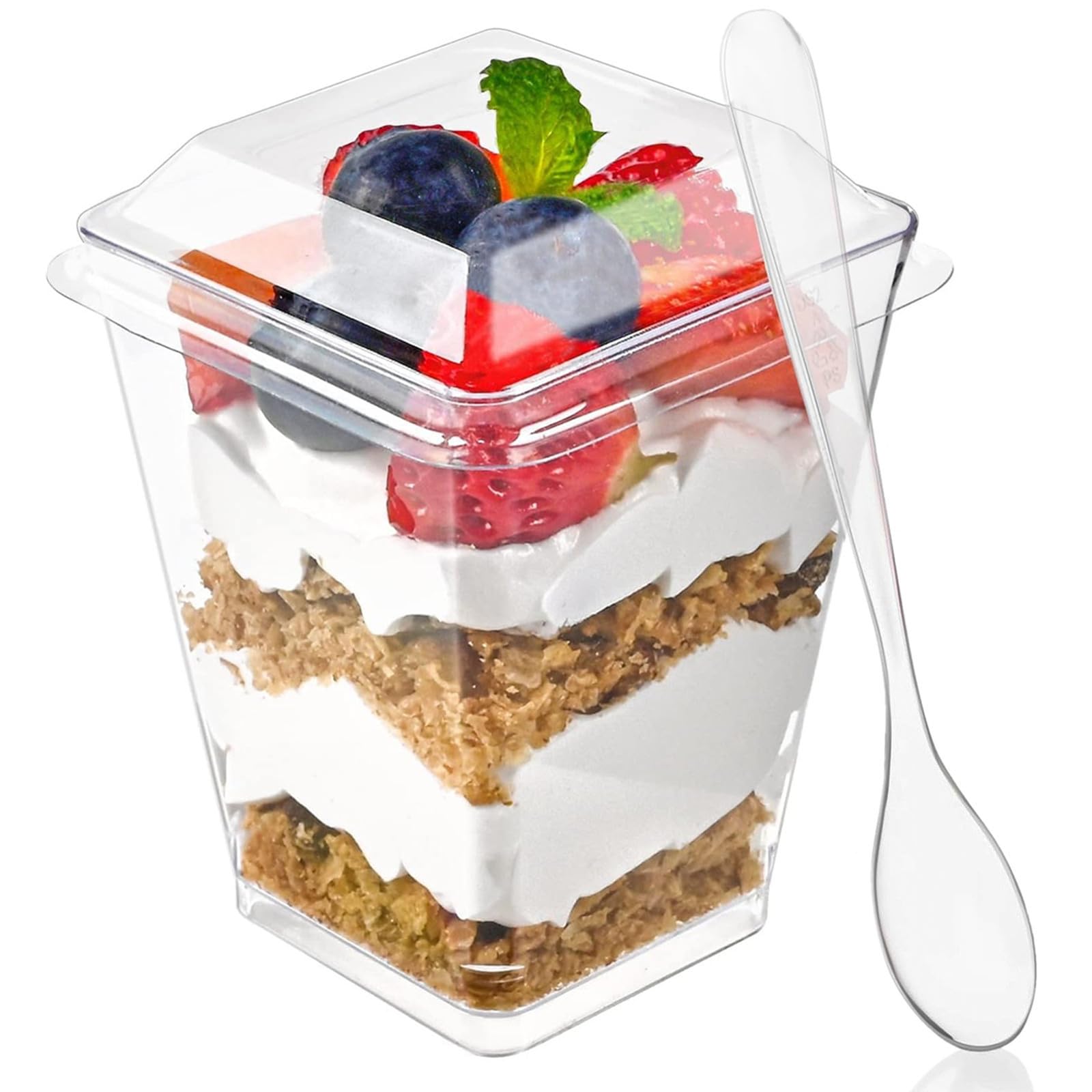 Zezzxu 50 Pack 5 oz Plastic Dessert Cups with Lids and Spoons, Banana Pudding Cups with Lids Mini Dessert Shooters for Party Individual Yogurt Parfait Jello Fruit Trifle