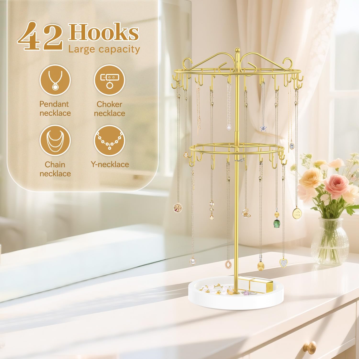 MODOWEY Necklace Holder Organizer Rotating Display, 42 Hooks Adjustable Tree Stand for Long Chain, 2 Tier Tabletop Metal Rack with Wooden Tray for Women, No More Tangled Pendant Jewelry, Gold+White